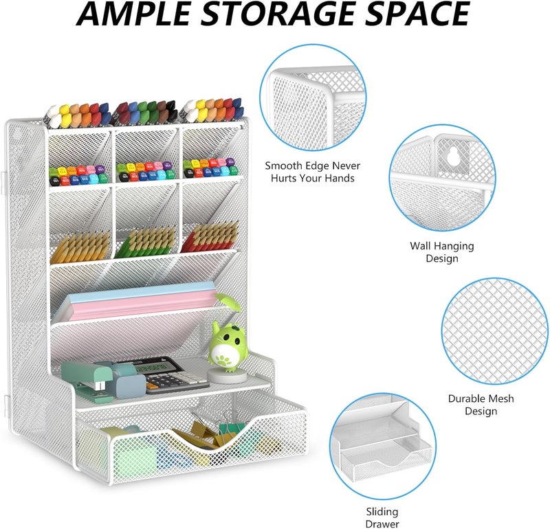 BOHDK Pen Organizer for Desk, Multi-Functional Desk Organizer, Wall Mount Pen Holder with Drawer for School, Office, Home, Art Supplies, White - Image 2